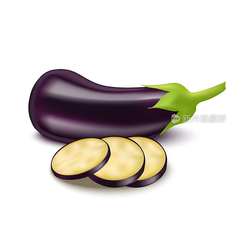 Realistic Detailed 3d Eggplant and Slice. Vector